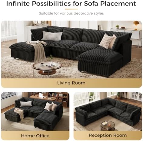 KKL Sectional Modular Couch for Living Room, L Shaped Corduroy Couches with 1 Ottomans, 4 Seater Oversized Sofa, Soft Fabric Modern Sofa, Black