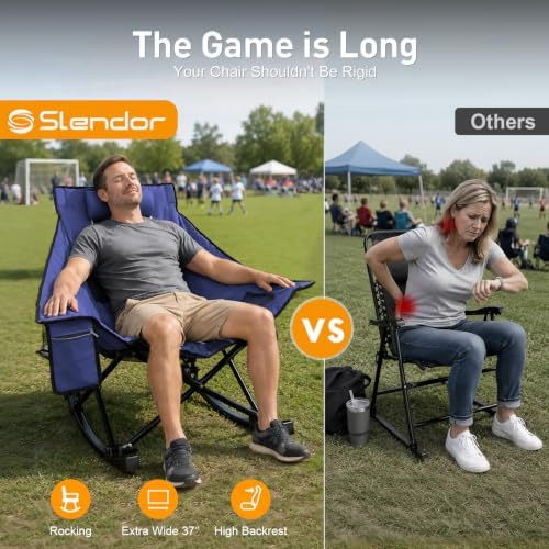 Slendor Oversized Rocking Camping Chair, High Backrest Folding Chair, Blue | 37" Wide, 330lbs | Smooth U-Shape Rocking Base | 600D Oxford, Removable Pillow | Side Pocket, Carry Bag, Quick-Fold