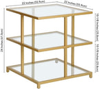 Pemberly Row Contemporary 22" Gold Finish Side Table, Handcrafted Metal Frame, Tempered Glass Shelves, Cantilevered Design, Modern Accent Table for Living Room, Family Room or Bedside