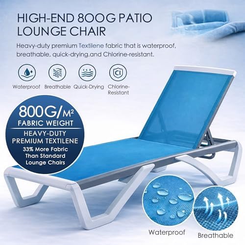 Kozyard Outdoor Chaise Lounge Chair, Full Flat Adjustable Patio Lounger with Aluminum Frame & Resin Legs, Textilene Fabric for Poolside, Backyard & Beach (Aqua, 2Chairs + Table)