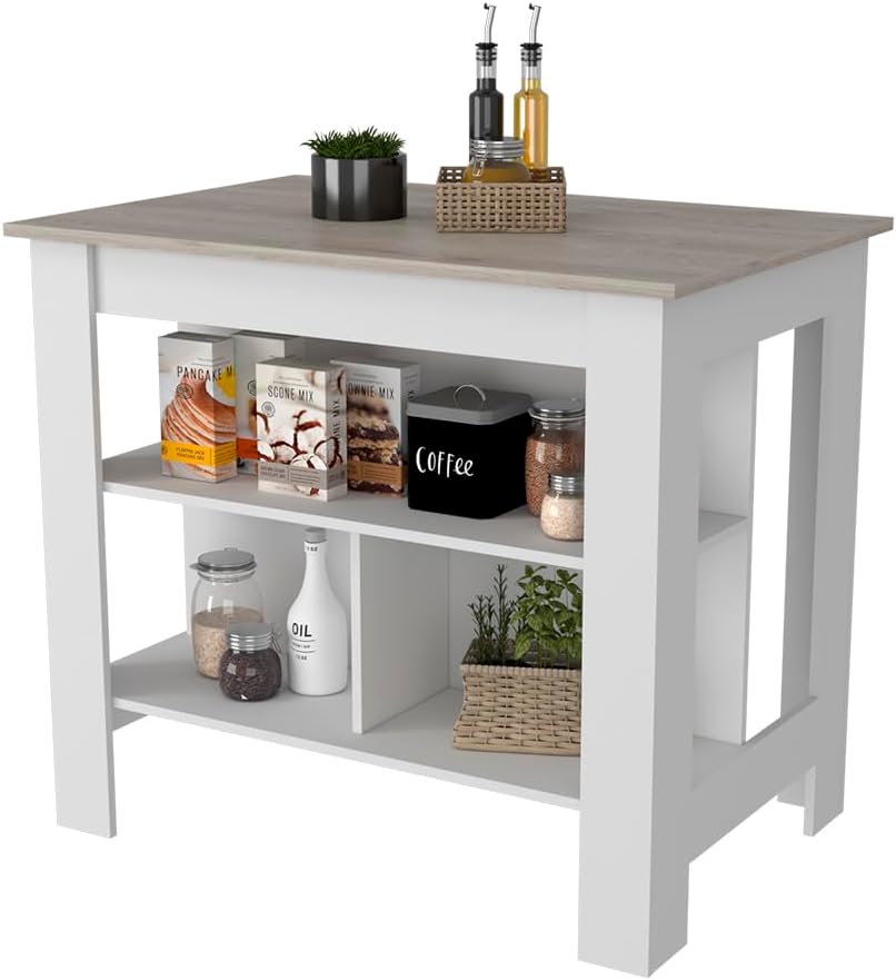 Kitchen Island with Three Shelves Light Gray/White Finish | Tabletop with silver nanoparticles protective film for hygiene