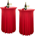 Albassa 2 Pack Cocktail Table Covers 32"x 43" Spandex Stretch Round Cocktail Tablecloths with Wavy Drapes Fitted High Top Bar Table Skirts for Wedding Party Banquet (Red, 2 PCS)