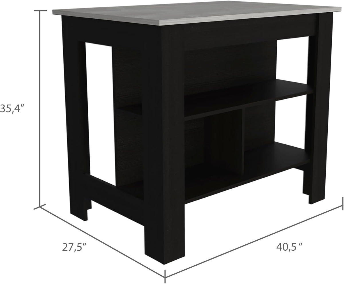 Kitchen Island with Four Legs and Three Shelves - Black/Ibiza Marble | Three shelves and four legs for extra storage and stability