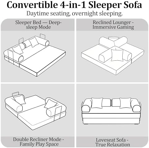 59'' Convertible Compressed Corduroy Folding Cloud Sofa Bed, Modern Pull Out Loveseat Sleeper in a Box, 4 in 1 Floor Mattress Futon Fluffy Couch, No Assembly Needed, Beige, 2 Pillows, Full