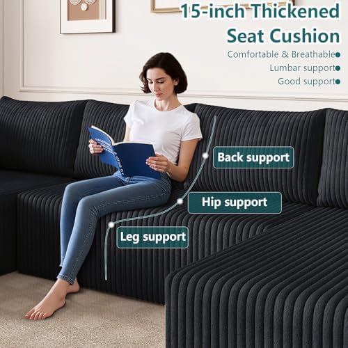 124" U-Shape Cloud Couch, Modern Modular Sectional U-Shape Sofa, Corduroy Couch Upholstered Couches Deep Seat Sleeper Chaise Longue for Living Room, No Assembly Required, Black