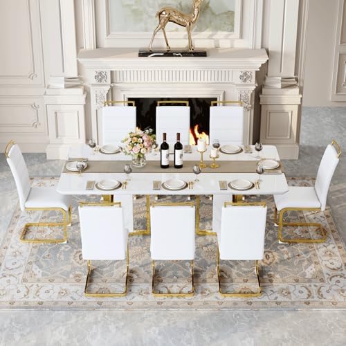 79" White Gold Dining Table Set for 8, Luxury Faux Marble Dining Table Set for 8 with White Gold Chairs, Kitchen Table Set with Gold Chrome Legs for Dining Room, Office