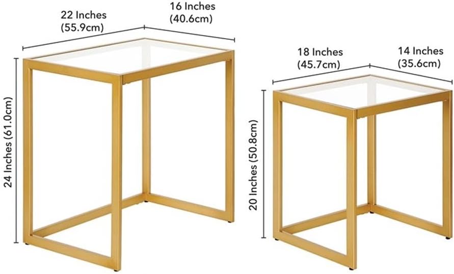 MAKLAINE Contemporary Metal/Tempered Glass Side Table, 22 in, Brass Finish, Handcrafted Steel Frame, Rectangle Shape, Set of 2, Living Room Accent Table