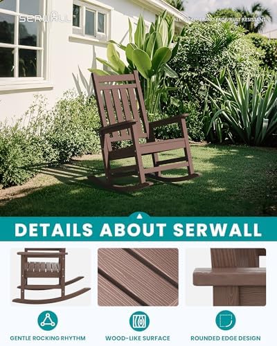 SERWALL Outdoor Rocking Chair Set of 2, HDPE Rocker for Adults, Brown | 21.1" Widened Seat adds Extra Comfort, Oversized Rocking Chair for Adults, All Weather Porch Rocker for Lawn Garden