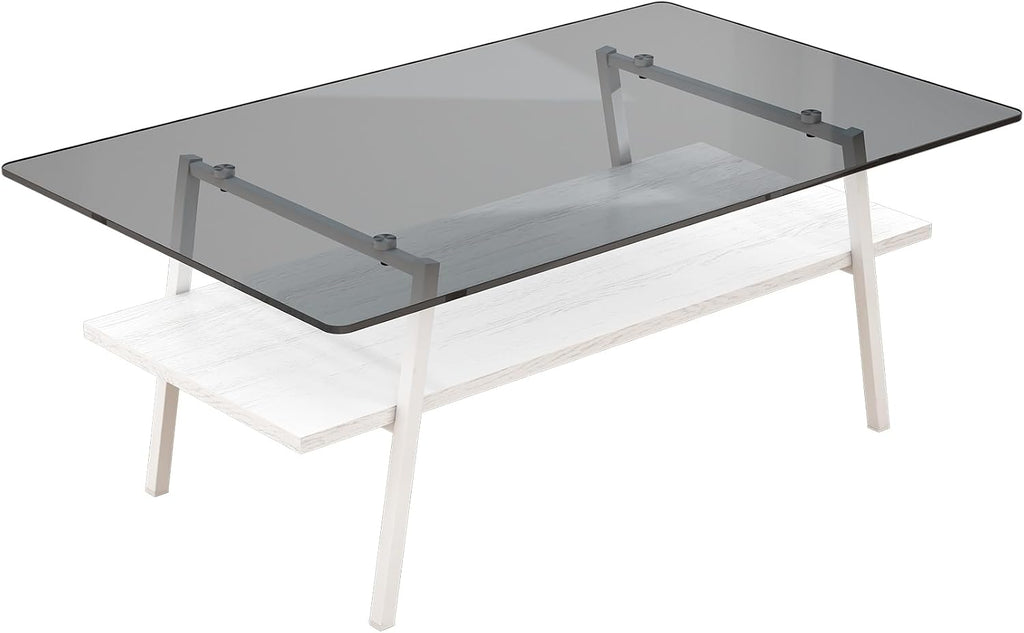3-Piece Glass Coffee Table and End Table Sets for Living Room, Modern Living Room Tables Set of 3 Tempered Glass Coffee Table & 2 End Side Table with Storage for Small Spaces (3, Gray White)