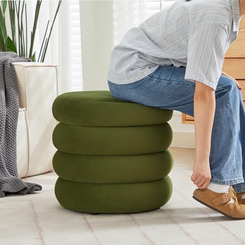 Flouki 19.5" Storage Ottoman Round, Vanity Stools for Bedroom, Velvet Pouf Ottoman with Removable Lid, Modern Ottomam Stool for Girls Women, Foot Stool for Living Room, Green