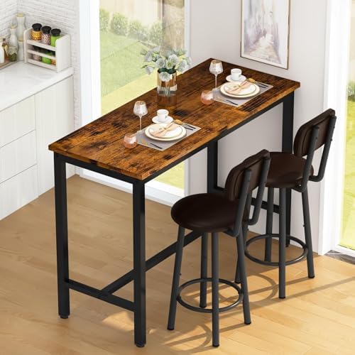 AWQM Bar Table Set of 2, Industrial Bar Table and Chairs Set of 2,3 Piece Bar Height Table with 2 Backrests Stools,Small Kitchen Table for 2,Small Space,Brown & Black