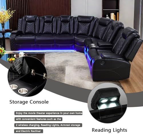 A Ainehome Power Recliner Set, Leather Sectional Sofa Set for Living Room, Home Theater, with LED Lights, Cup Holder, Hide-Away Storage, Wireless Charging(A-Black)