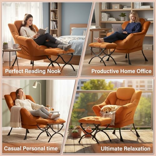 Lazy Chair with Ottoman,Comfy Accent Living Room Chair with Footrest Set | Removable & Machine-washable Cover,Reading Chair with Armrests,Upholstered Lounge Chair for Bedroom,Dorm,Office,Small Space