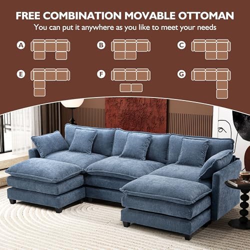 Ihanherry 111.4" U Shaped Modern Sofa Modular Sectional Cloud Couch with 2 Ottoman, 5-Seat Chenille Deep Seat Sofa with Pillow for Living Room, Bedroom and Apartment, Blue