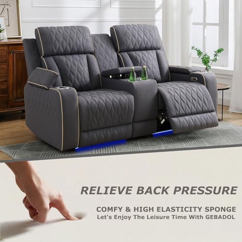 Power Reclining Sofa Set with USB Charging/LED, Blueish Grey Leather Recliner Couch with Cup Holders/Storage Console, 3 Pieces Home Theater Furniture for Living Room/Apartment/Office