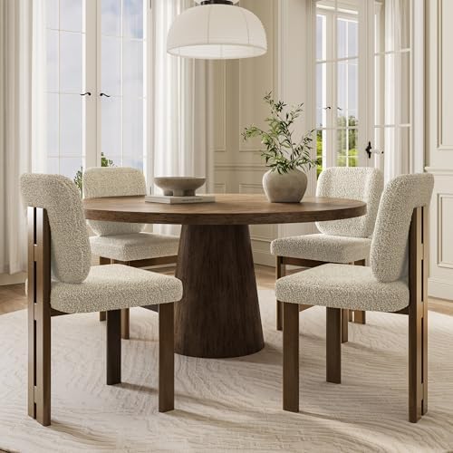 CIMOTA Modern Boucle Dining Chairs Set of 4, Upholstered Armless Side Chairs with Ergonomic Curved Back/Walnut Wood Legs, Mid-Century Accent Chairs for Kitchen or Dining Room, Beige