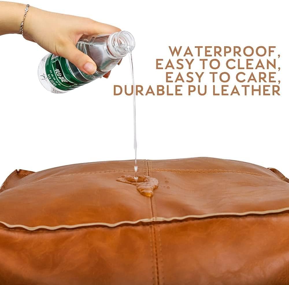 Pouf Ottoman, Unstuffed Pouf Cover, Handmade Faux PU Leather Moroccan, Orange Brown 17.7" Square, Foot Rest for Living Room, Floor Chair Gifts for Men Women, (Only Cover)