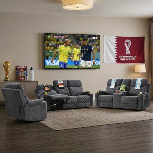 HAOMARKETS 3-Piece Power Recliner Sofa Set with Charging Port, Include Single Recliner Chair, 2-Seater Loveseat Reclining Couch and 3-Seater Reclining Sofa with Cup Holders for Living Room, Dark Grey