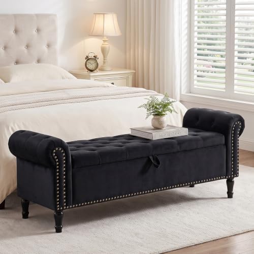 67'' End of Bed Storage Bench King Size, Storage Bench for Bedroom End of Bed, Upholstered Velvet Tufted Storage Ottoman Benches with Arms for Living Room, Entryway, Black