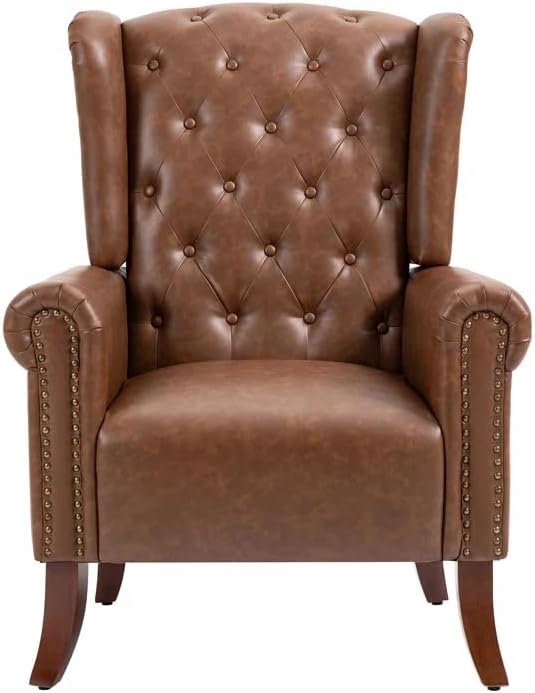 Faux Leather Accent Chair, Mid-Century Armchair Upholstered Club Sofa Chair with Wooden Legs, High Back Living Room Chair for Bedroom, Office, Lounge (Brown)