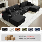 ivoros 150 Inch Modular Sectional Sofa Couch, Oversized Modern Cloud Couch for Living Room, U Shape Couches with 2 Ottomans, USB Ports and Cup Holders, Black Corduroy Sofas, Sofa in a Box