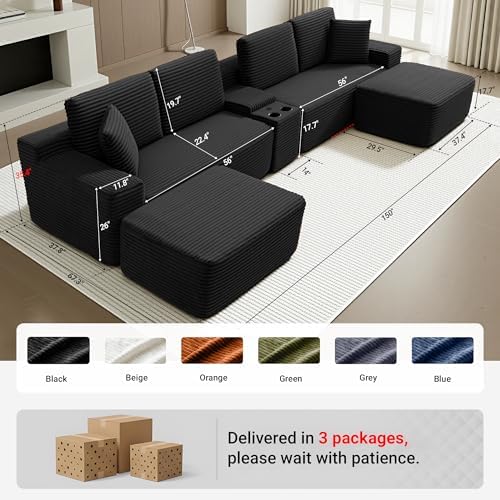ivoros 150 Inch Modular Sectional Sofa Couch, Oversized Modern Cloud Couch for Living Room, U Shape Couches with 2 Ottomans, USB Ports and Cup Holders, Black Corduroy Sofas, Sofa in a Box