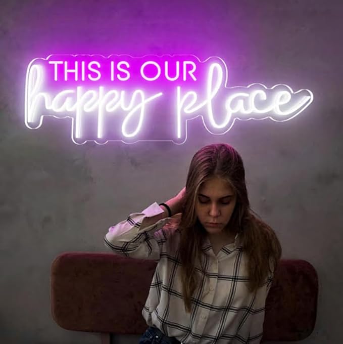 This is our Happy Place Neon Sign, Our Happy Place Neon Light, Personalized Wedding Sign for Home Decor, Personalized Gift For Kid Size:24inches