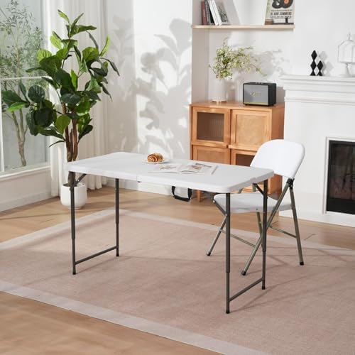 4ft Folding Table with Adjustable Height, 2-Level Foldable Table with HDPE Top & Steel Legs, Portable 4 Foot Folding Table for Picnic, Party, Craft, Indoor Outdoor Use, White
