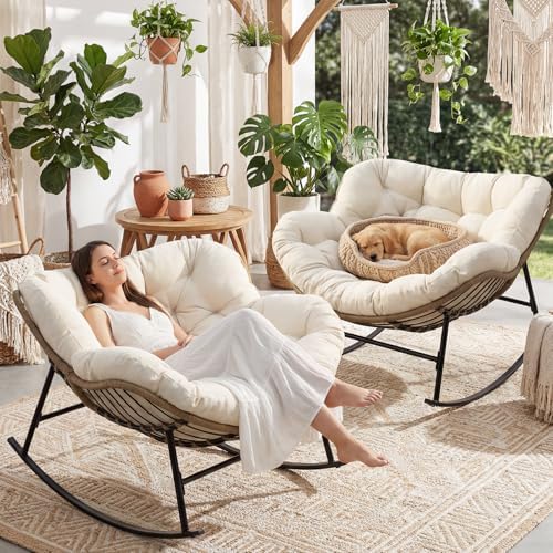 FINCATI 2 PCS Outdoor Rocking Chair, Oversized Papasan Rocking Chair | 450 Lbs Capacity, Large Size, PE Wicker Egg Rocker with Beige Thick Cushion, Cozy Padded Lounge Chair for Porch Garden