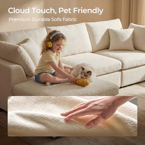 Amsleekey 108" Cloud Sectional Couch with 2 Washable Cover Sets | L-Shaped Modular Sofa with Ottoman, Deep Seat Couch for living room, DIY Covers in White and Gray