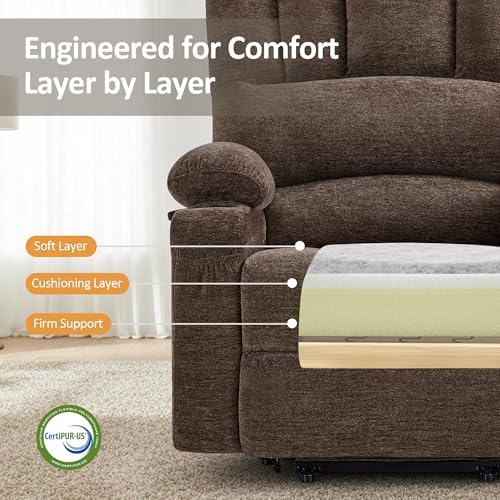 MCombo Power Lift Recliner Chair for Elderly 7095 (Medium, Coffee) | Stand Assistance, Heat and Massage, 4.7" Extra Footrest, USB Charge Ports, Cup Holders, Side Pockets, Fabric, Easy Assembly