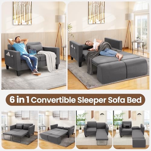 SEJOV 6-in-1 Convertible Sofa Bed, 58" Loveseat Sleeper Sofas, Gray | Pull Out Couch Bed with Removable Backrest, Storage Pockets and 2 Pillows, Modern Folding Linen Futon Couch for Small Spaces