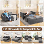 SEJOV 6-in-1 Convertible Sofa Bed, 58" Loveseat Sleeper Sofas, Gray | Pull Out Couch Bed with Removable Backrest, Storage Pockets and 2 Pillows, Modern Folding Linen Futon Couch for Small Spaces
