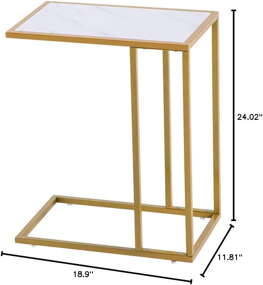Marble Simple C-Side Table, C-Shaped Side Table for Couch - Small Coffee Stand Sofa Tray Desk with Metal Frame, Modern End Accent for Living Room, Bedroom, Small Spaces,Golden