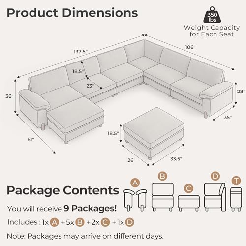 SITJOY Cloud Couch Sectional, 6 Seater V-Shaped, Chenille in Light Gray | Detachable and Washable Cover, Sectional Sofas for Living Room, Deep Seat Wide Couch with Chaise, Storage Ottoman