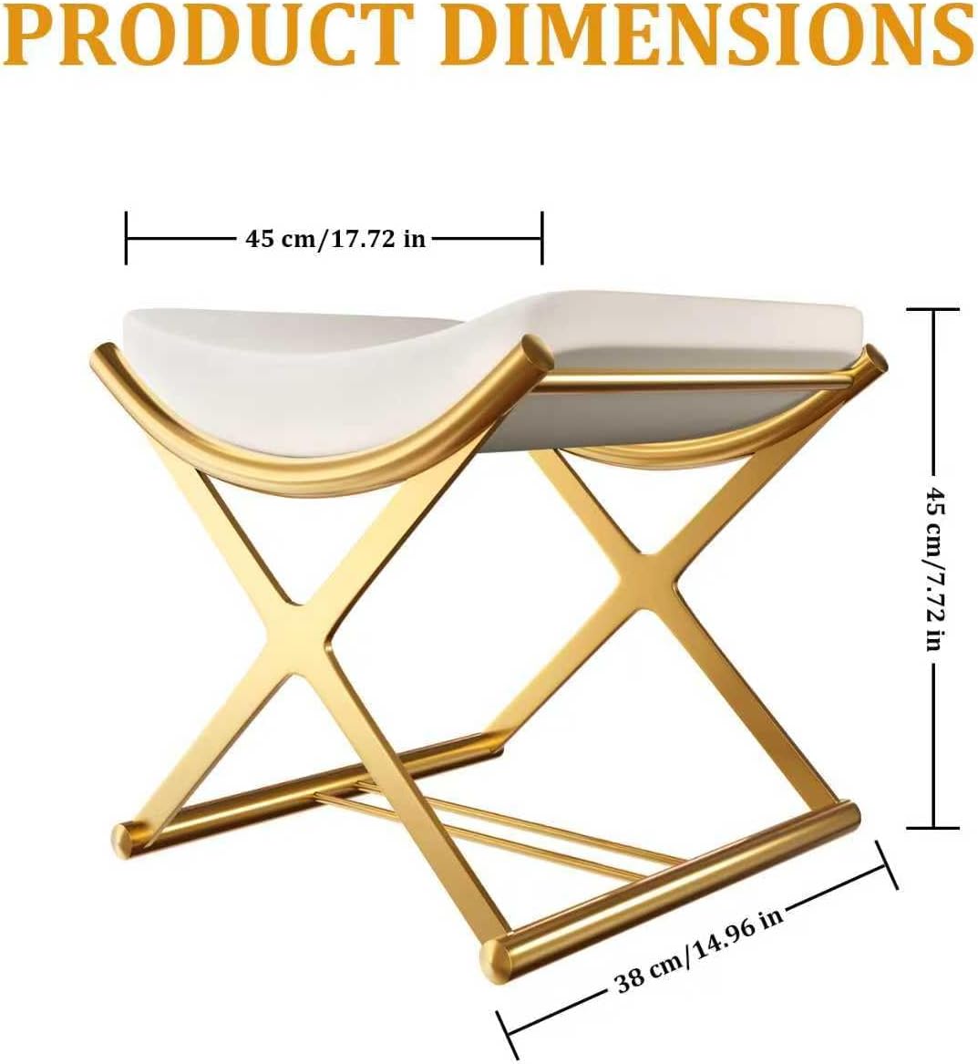 Vanity Stool No Assembly Required - Modern Makeup Chair with Champagne Gold X-Frame, Microfiber leatherCushioned Seat for Bedroom, Bathroom - Off-White Small Ottoman Bench