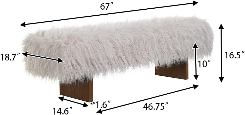 Christopher Knight Home Lenka 67" Long-haired Faux Wool Bedroom Bench, Rubberwood Ottoman Bench, Spacious Seating, Long Footstool for Living Room, Luxury Entryway Bench, Brown+Beige