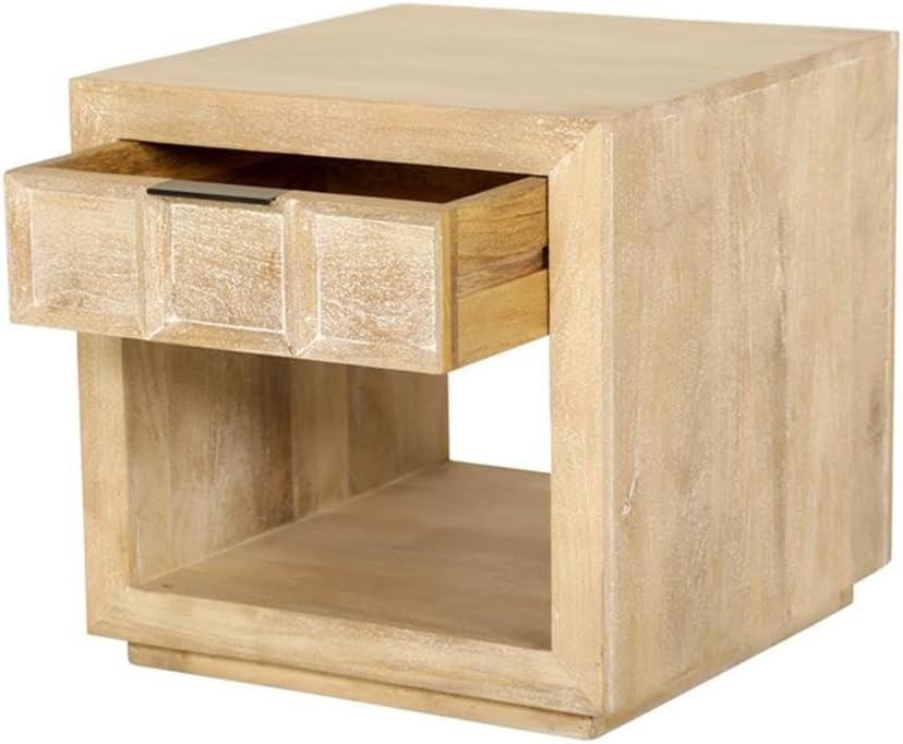 Pemberly Row 3Pc Wood Cocktail and End Table Set, Bleached Natural Finish, Mango Wood, Includes Storage Drawers and Shelves, Rectangular Coffee Table with Casters, Living Room Furniture Set