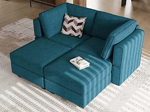 Bellfin Modular Sectional Sleeper Sofa Convertible Sofas with Storage Ottomans Small Sectional Couches for Living Room. Peacock Blue Couch
