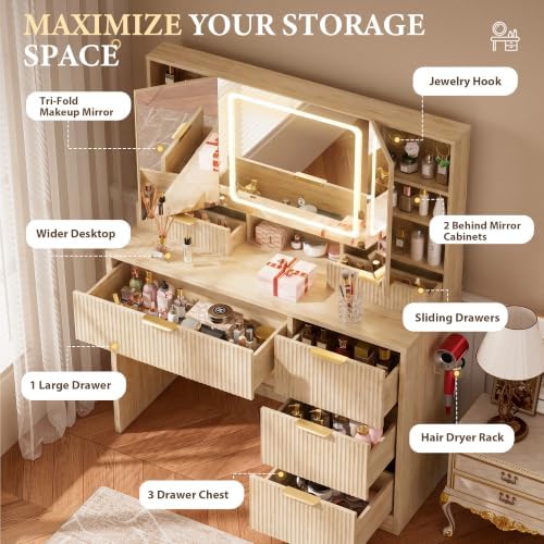 COMHOMA Vanity Desk with 3-Way Mirror and Lights, Makeup Vanity with 360° View Mirror, 3 Lighting Modes, 6 Drawers,Storage Cabinet Fluted Wood Vanity Table with Jewelry Hook for Women Girls
