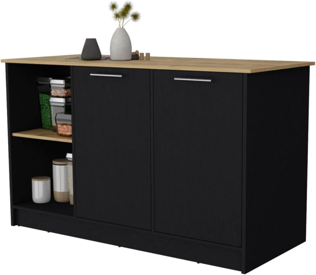 Hassyee Fashionable and Minimalist Style Fixed Kitchen Island, Equipped with Spacious Countertops, Two Open Storage Shelves, Double Door Design, Suitable for Kitchen Use (Black+Natural)