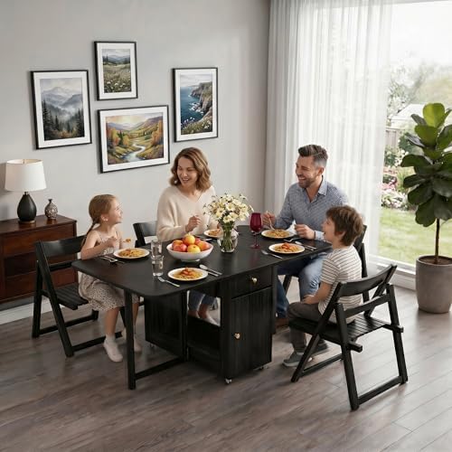 Small Foldable Dining Table - 59" Fully Assembled Drop Leaf Tables for Small Spaces with Storage & Lockable Wheels, 4-6 Seater Space-Saving Furniture for Dining Room, Black