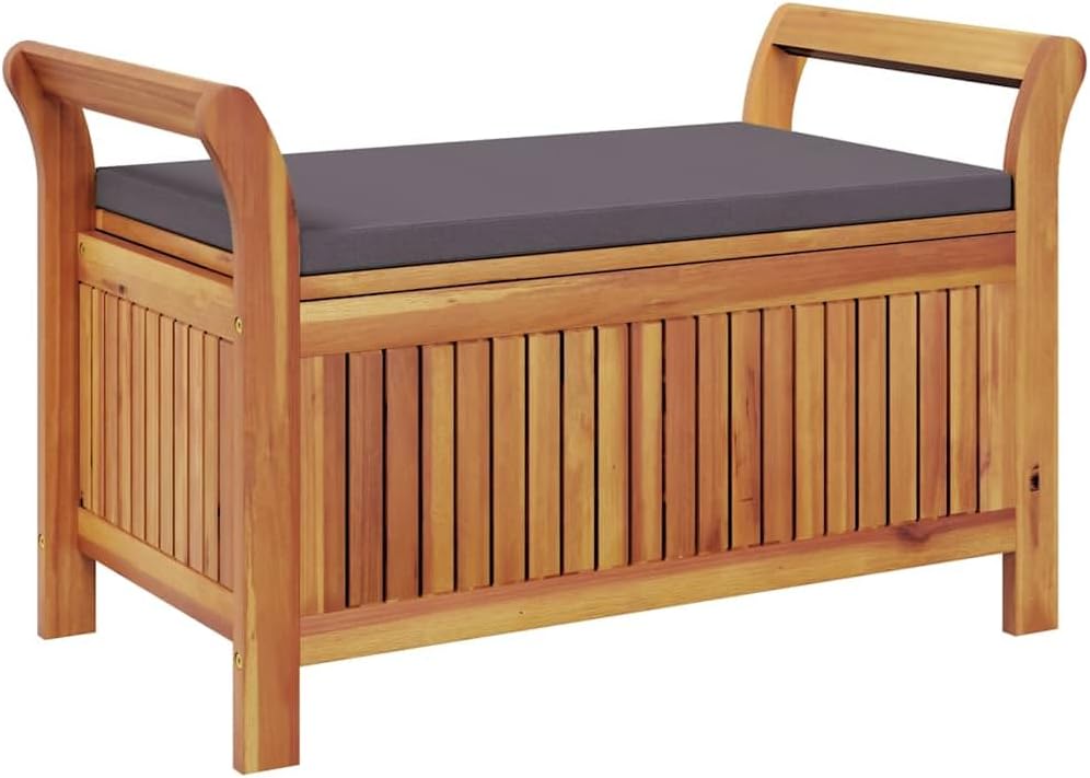 Solid Acacia Wood Patio Storage Bench with Cushion, 35.8 Inch Outdoor Bench for Garden, Curved Arms, Ample Storage for Pillows and Blankets