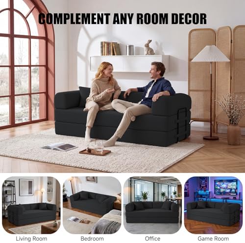 79" Sofa Bed,Convertible Futon Sofa Bed, Couch for Living Room | 6-In-1 Convertible Sofa Bed,Corduroy Futon Sleeper Sofa,Modular Pull Out Couches for Bedroom,Lounge,No Assembly Black Couch