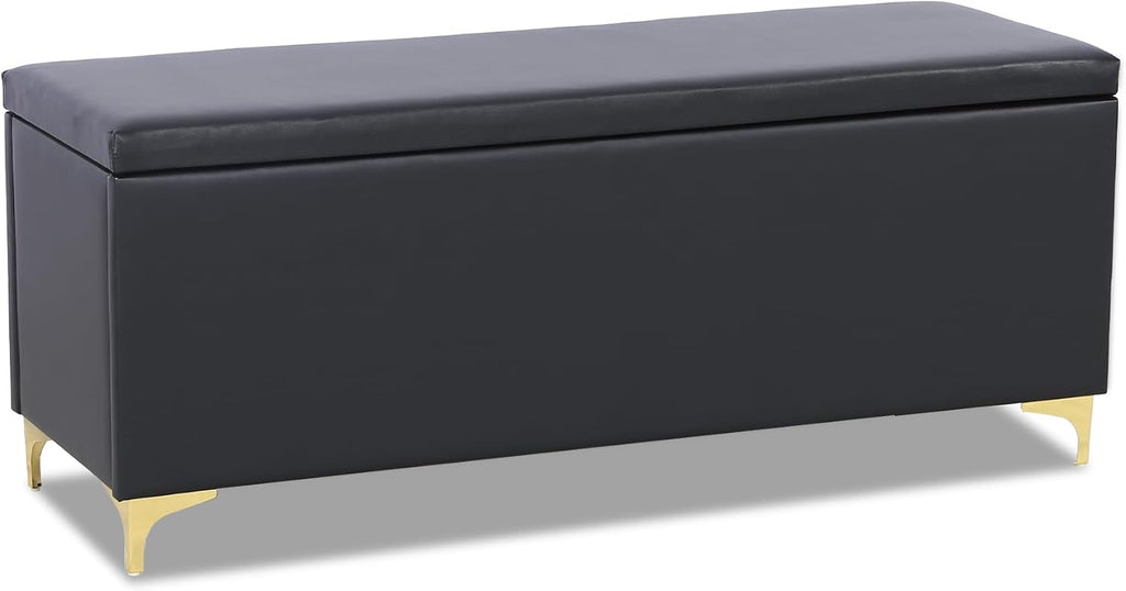 FHFO 52.9" Storage Ottoman Bench, End of Bed Storage Bench, Black | Faux Leather Upholstered | Large Capacity | Durable Fabric | Solid Wood Frame