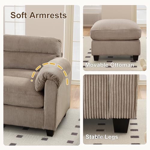 HAOMARKETS Corduroy Sofa Set, Upholstered Ottoman Footrest, Modern Living Room Furniture Sets,Brown