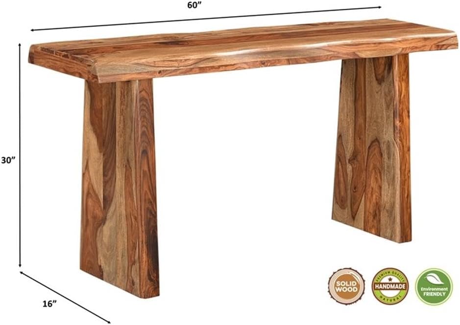 Pemberly Row Solid Wood 3-Piece Table Set, Live Edge Sheesham Hardwood, Brown Finish, Includes Coffee Table, Console Table, and Square End Table, Modern Double Pedestal Base, Rustic Living Room