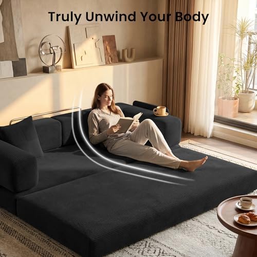 78.8" Convertible Futon Sofa Bed, Couch for Living Room | Corduroy Loveseat Sleeper Sofa, Modular Futon Couch with Storage Pocket, Pull Out Couch No Assembly | Black