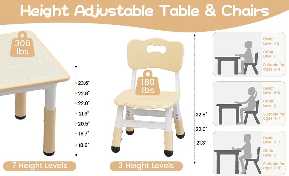 IDEALHOUSE Kids Table with 6 Chairs Set, Toddler Activity Table with Chairs | Adjustable Height & Storage Boxes, 47" x 24" Wood Grain Top, for Home, Classroom, Daycare, Natural (Water Pen Not Included)