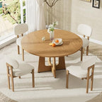 Modern 5-Piece Dining Table Set with 4 Chairs,Oak Round MDF Dining Table, Beige Fabric Upholstered Chairs with Natural Wood Legs for Kitchen Dining Room Home